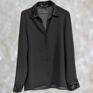 Ali & Kris Chiffon Sheer Blouse Button Up Sequin Collar, Cuff Long Sleeve- sz M